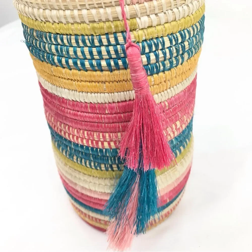 All Across Africa Handmade Colorful Woven Coil 11” Lidded Tassel Basket Canister